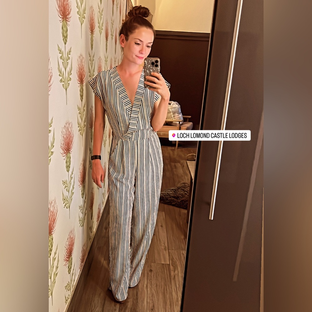 Monteau Striped Jumpsuit cream ivory navy classic stripes small S